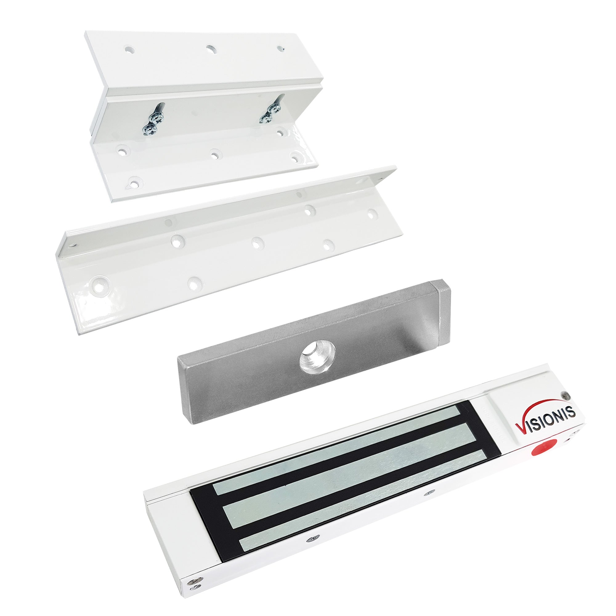 White magnetic door lock kit with 300lb electromagnetic lock and ZL bracket for inswing doors. VIS-ML300LED-WH - FPC-5191-WH VISIONIS