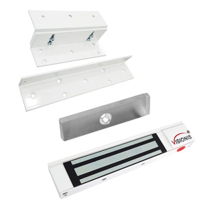 White magnetic door lock kit with 300lb electromagnetic lock and ZL bracket for inswing doors. VIS-ML300LED-WH - FPC-5191-WH VISIONIS