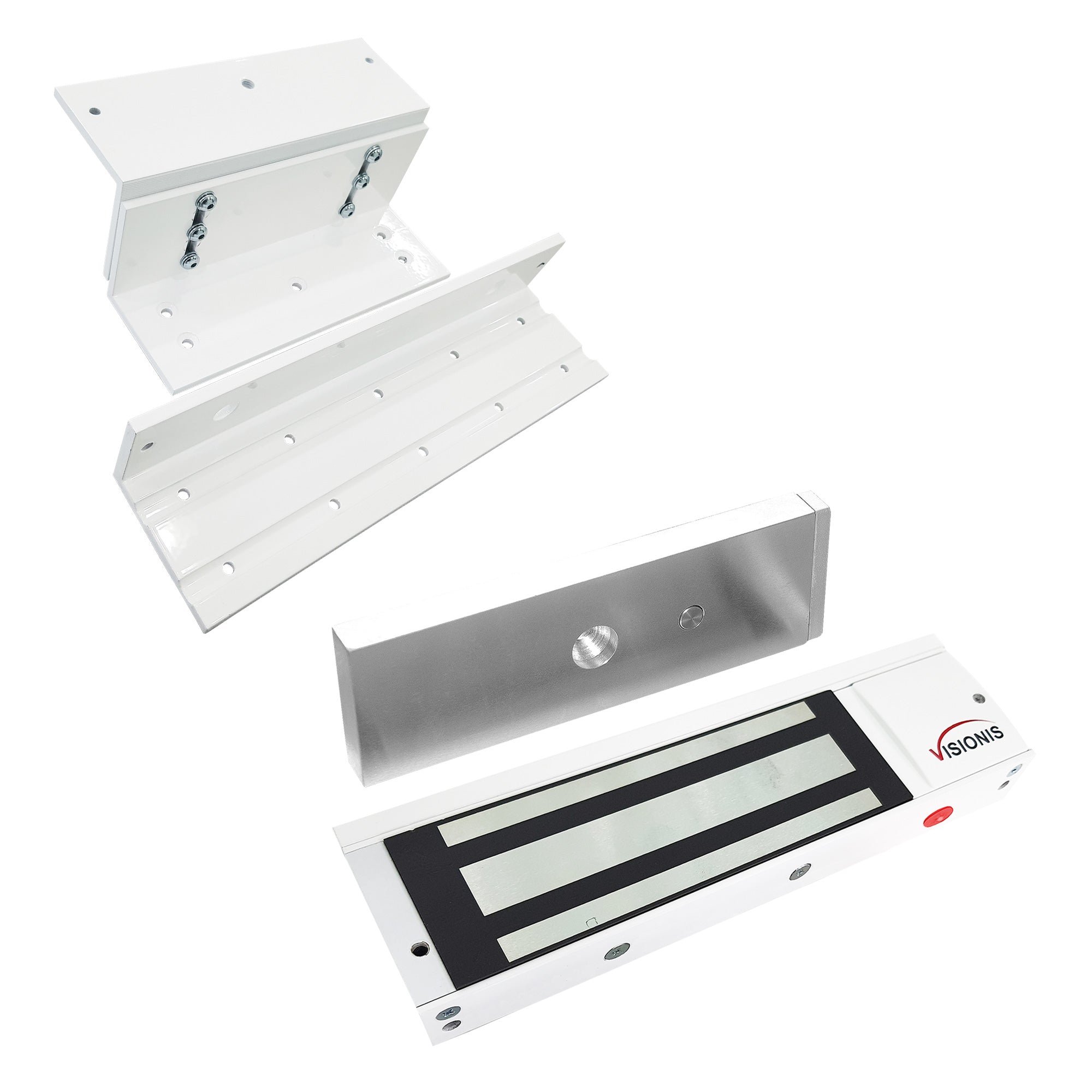 White magnetic door lock kit with 1200lb electromagnetic lock and bracket for inswinging doors. VIS-ML1200LED FPC-5193-WH VISIONIS