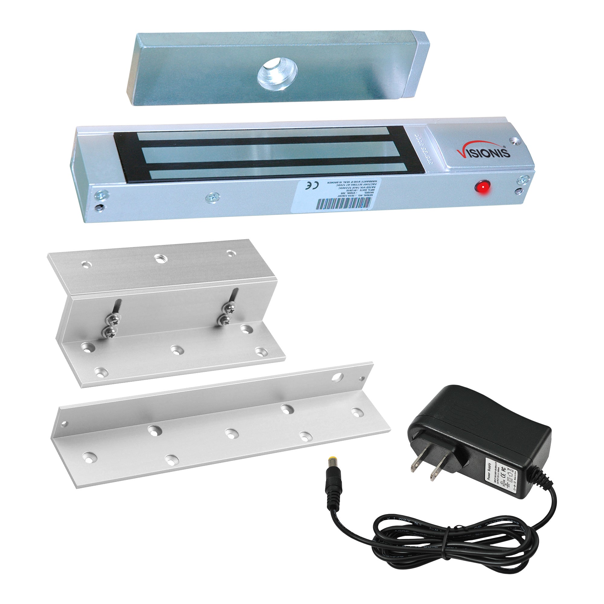 300lbs magnetic door lock (VIS-ML300LED), an inswinging VIS-ZL300 bracket, and a 12V 1AMP power supply - FPC-5363