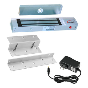 300lbs magnetic door lock (VIS-ML300LED), an inswinging VIS-ZL300 bracket, and a 12V 1AMP power supply - FPC-5363