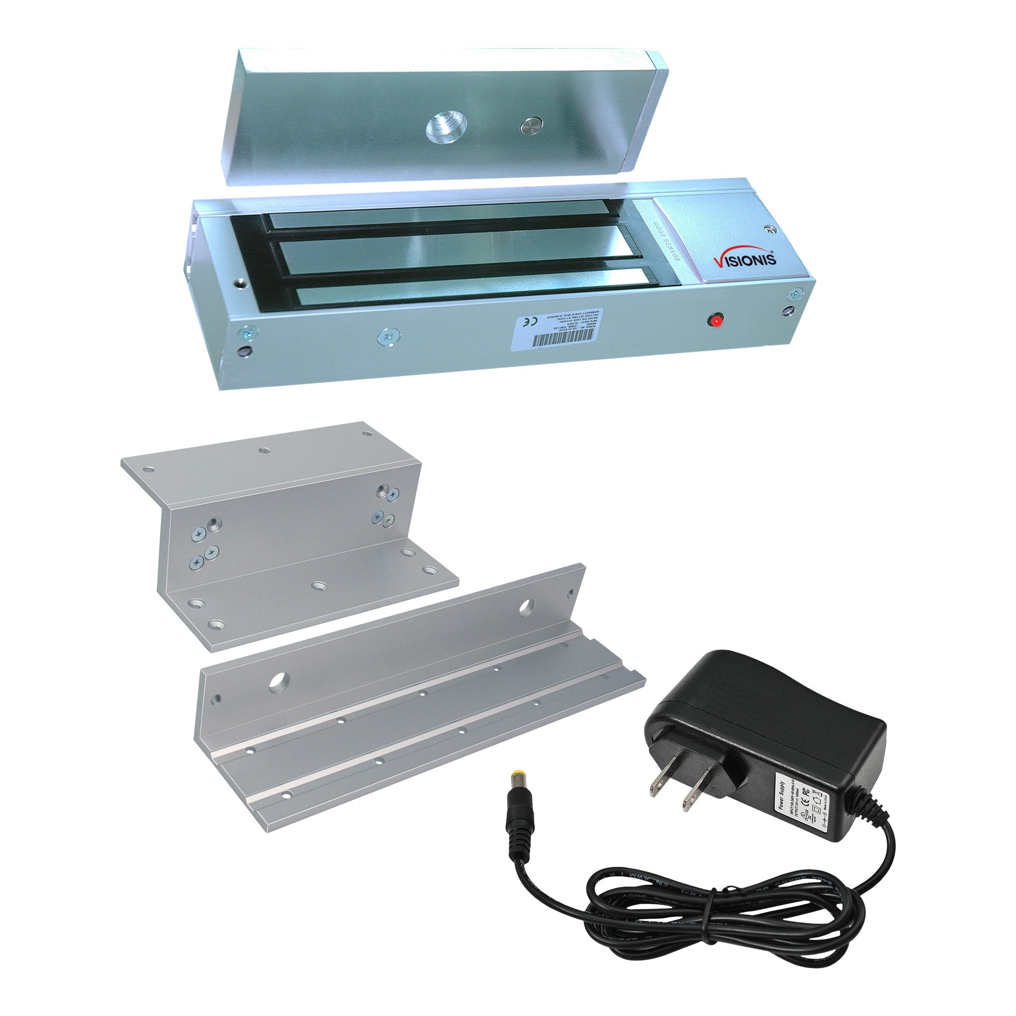 Magnetic door lock kit with 1200lb electromagnetic lock, ZL bracket, and power supply for inswinging doors. VIS-ML1200LED FPC-5365 VISIONIS