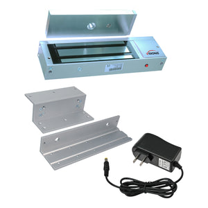 Magnetic door lock kit with 1200lb electromagnetic lock, ZL bracket, and power supply for inswinging doors. VIS-ML1200LED FPC-5365 VISIONIS