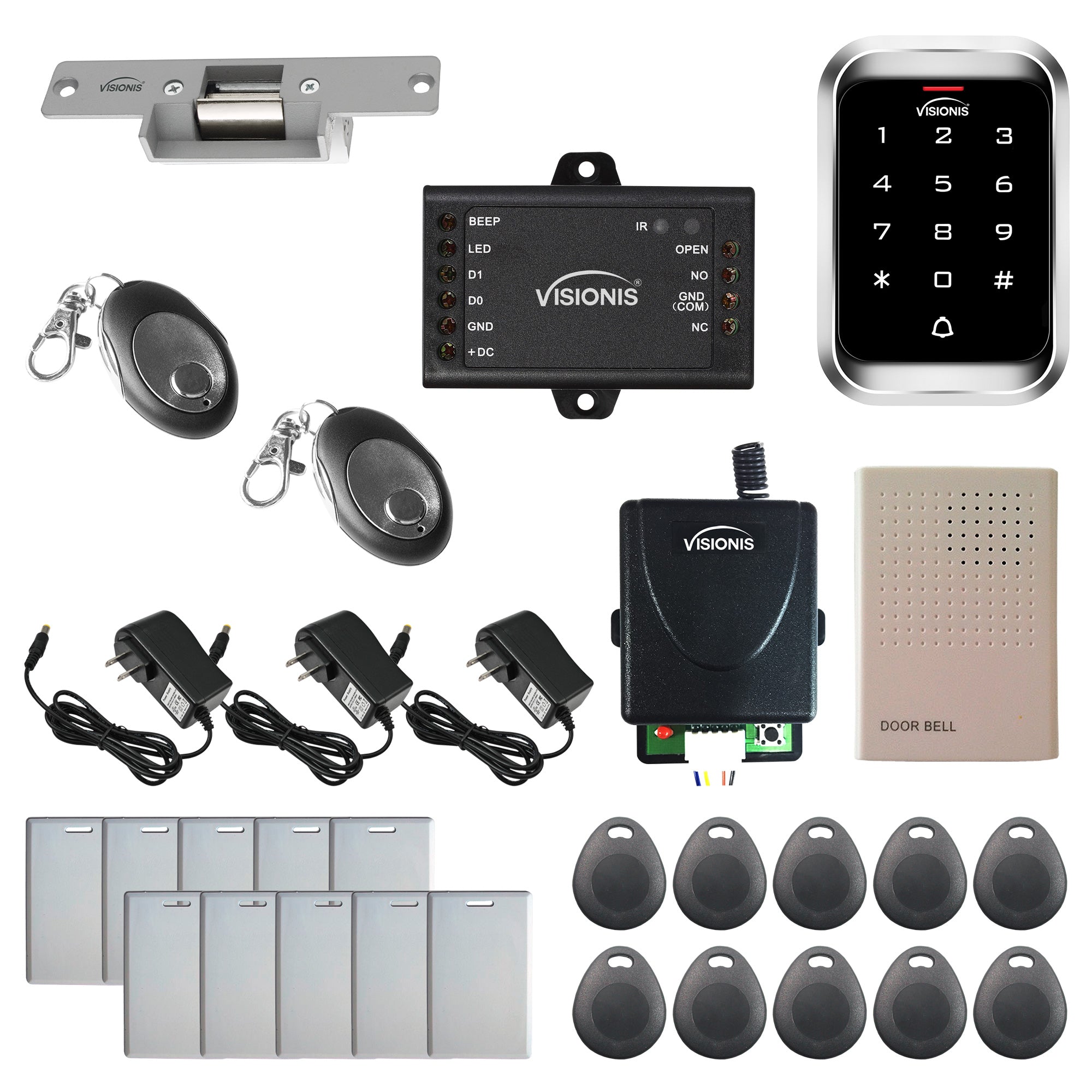 Stand alone card access system with electric door strike, keypad card reader,
RF transmitter and receiver - FPC-5475