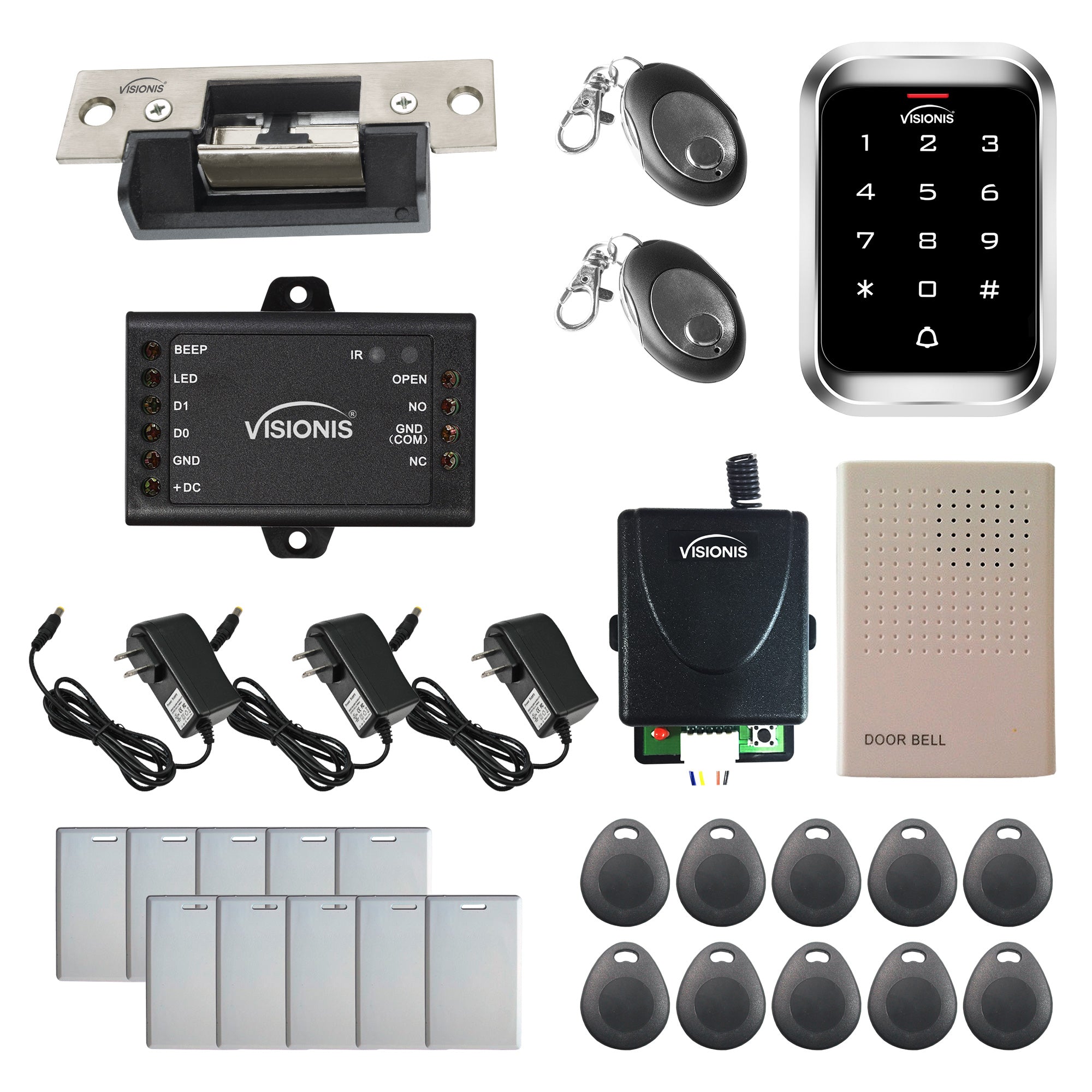 Stand alone card access system with electric door strike, keypad card reader,
RF transmitter and receiver - FPC-5476