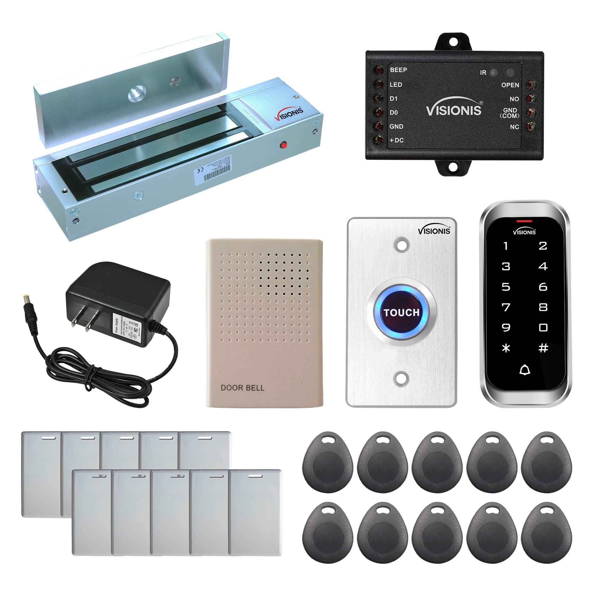 Standalone access control with 1200 lbs maglocks, keypad card reader, push to exit button - FPC-5596