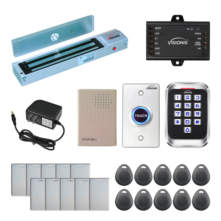 Standalone access control system with 600 lbs maglock, keypad card reader, push to exit button - FPC-5616