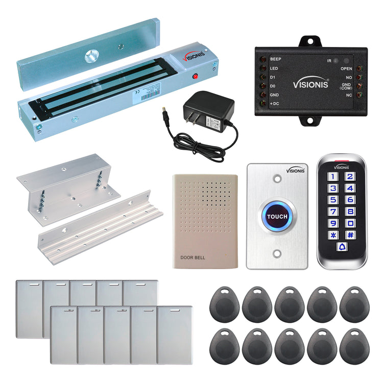 Standalone access control system with 600 lbs maglock, keypad card reader, push to exit button - FPC-5641