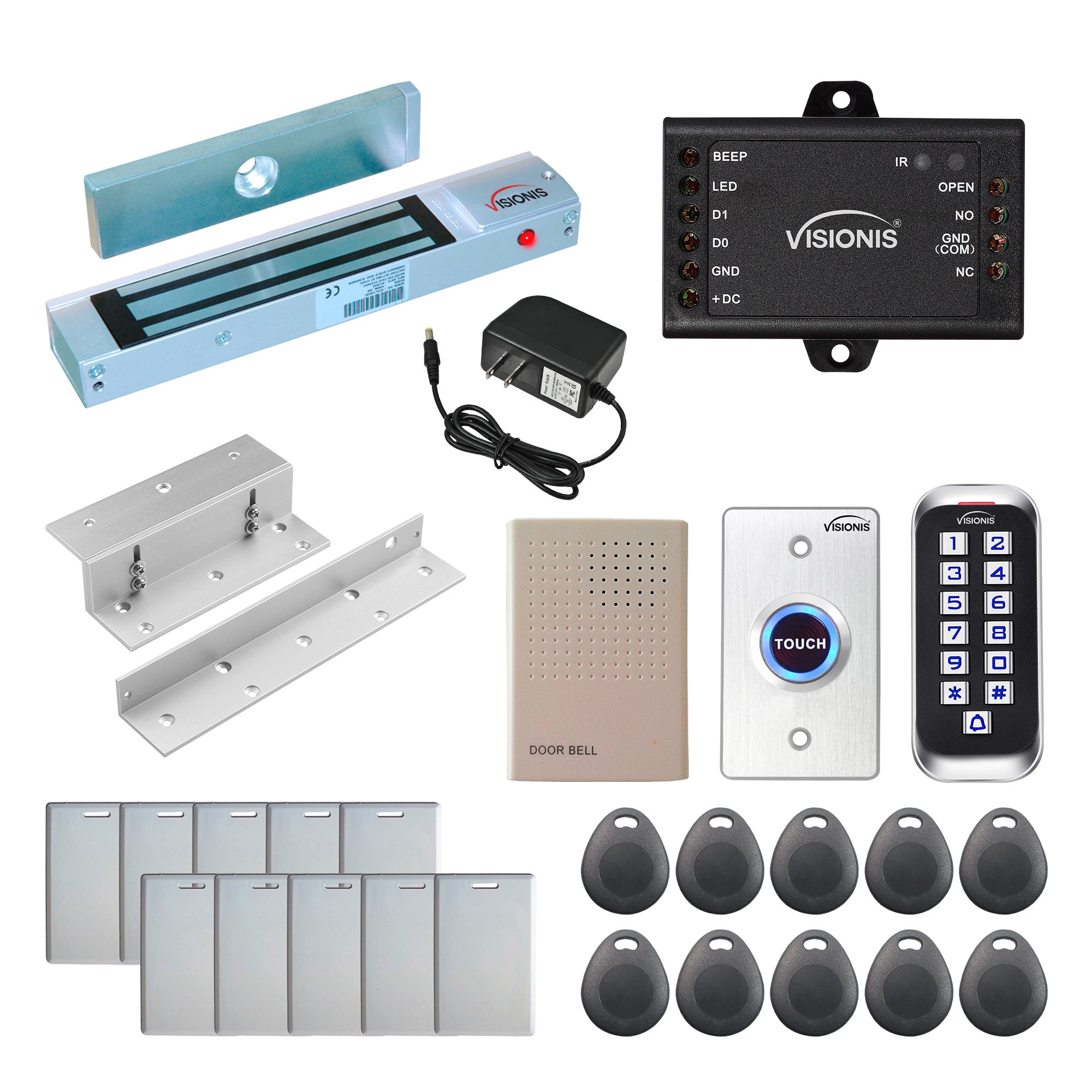 Standalone access control system with 300 lbs maglock, keypad card reader, push to exit button - FPC-5641-A