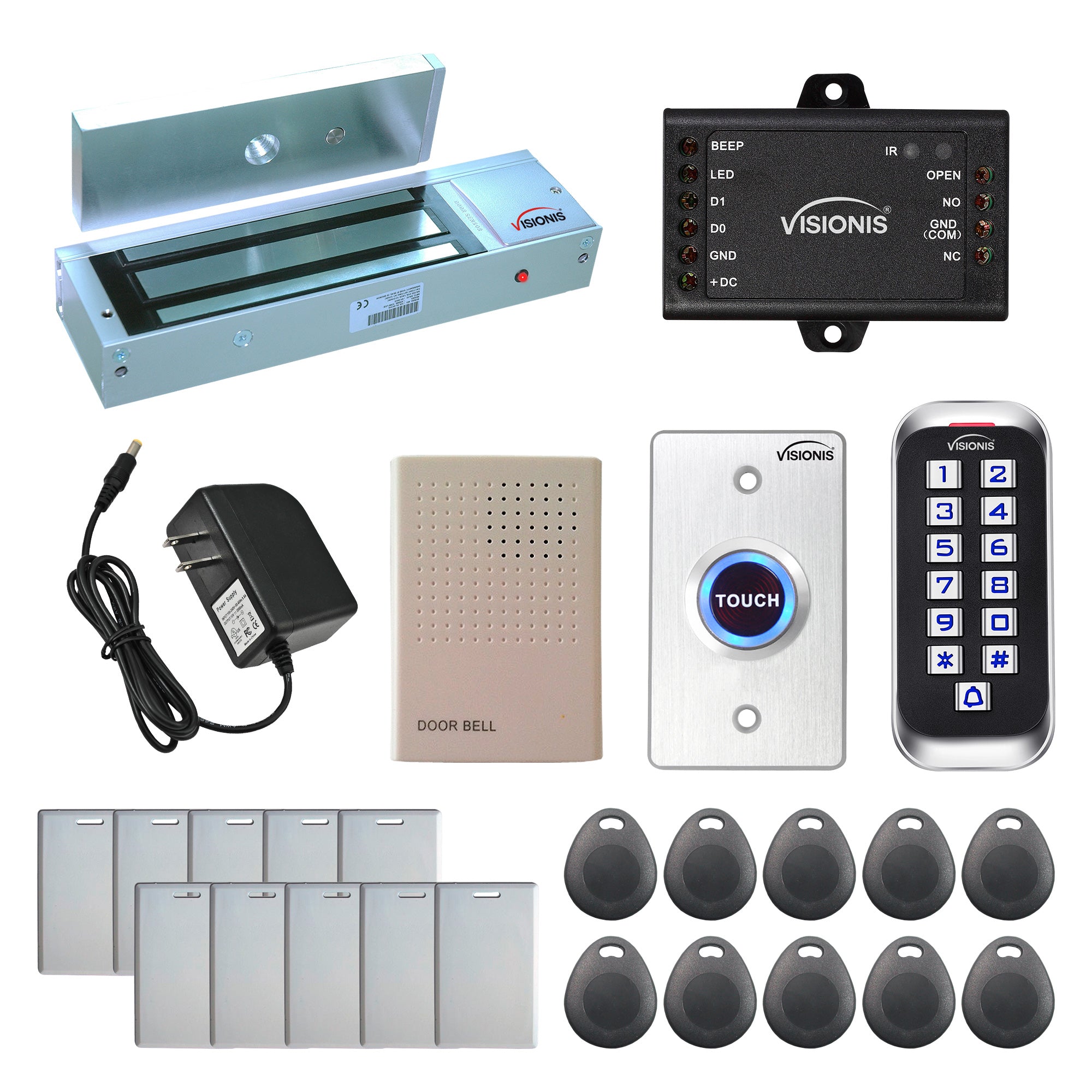 Standalone access control system with 1200 lbs maglock, keypad card reader, push to exit button - FPC-5645