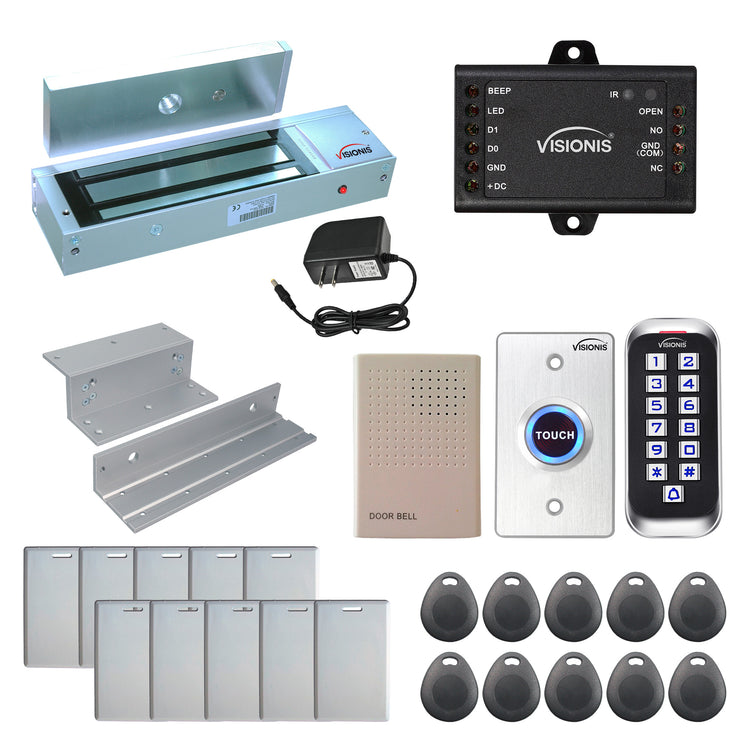 Standalone access control system with 1200 lbs maglock, keypad card reader, push to exit button - FPC-5645