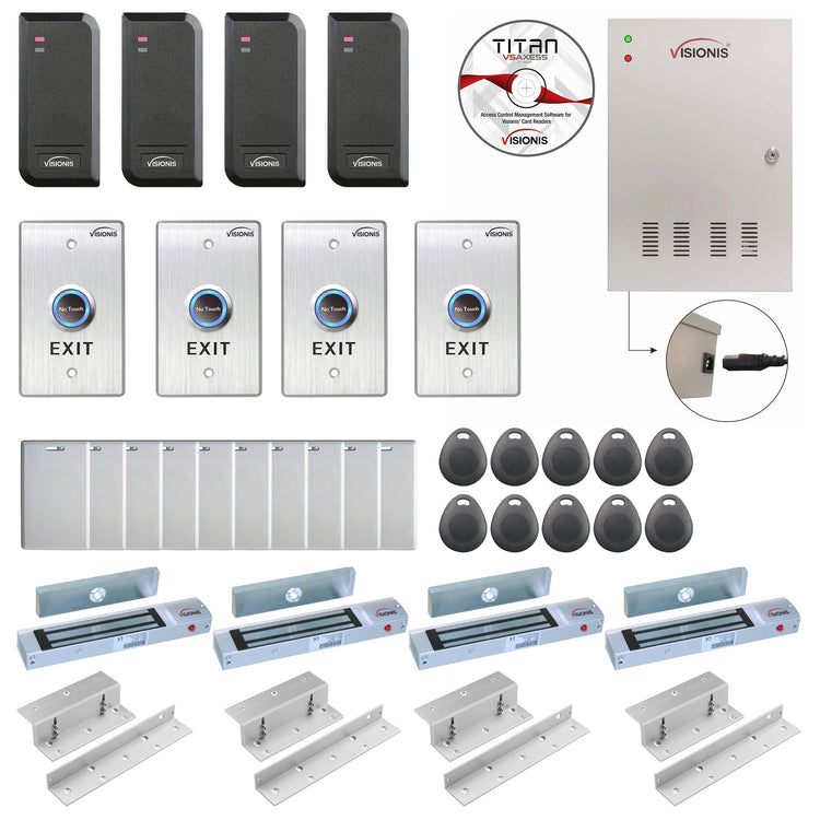Card access control systems with 1200 lbs Maglocks, card readers, exit buttons, management software - FPC-6204
