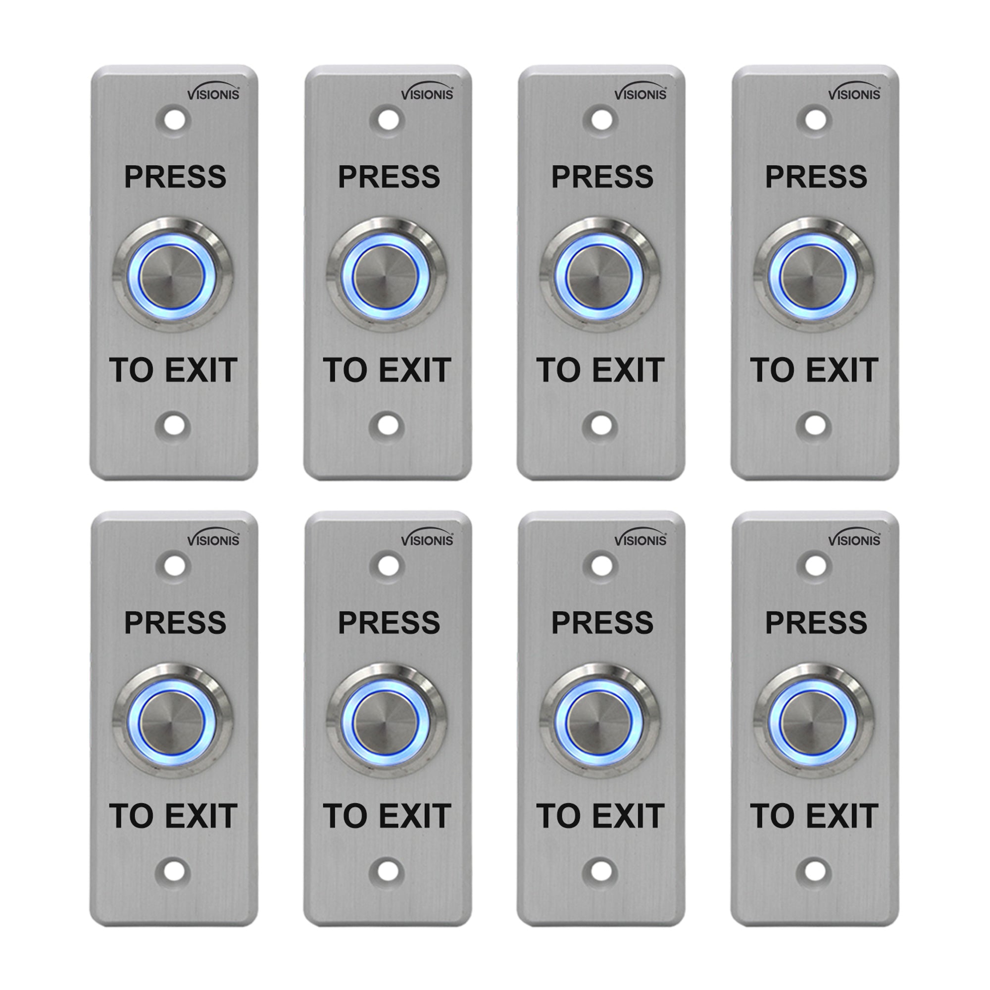 Pack of 8 push to exit buttons. Weatherproof and stainess steel
