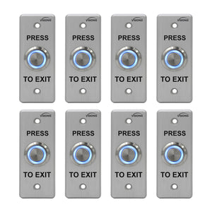 Pack of 8 push to exit buttons. Weatherproof and stainess steel