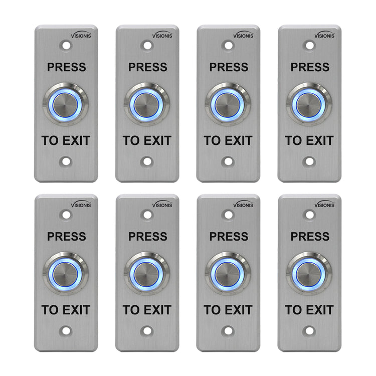 Pack of 8 push to exit buttons. Weatherproof and stainess steel
