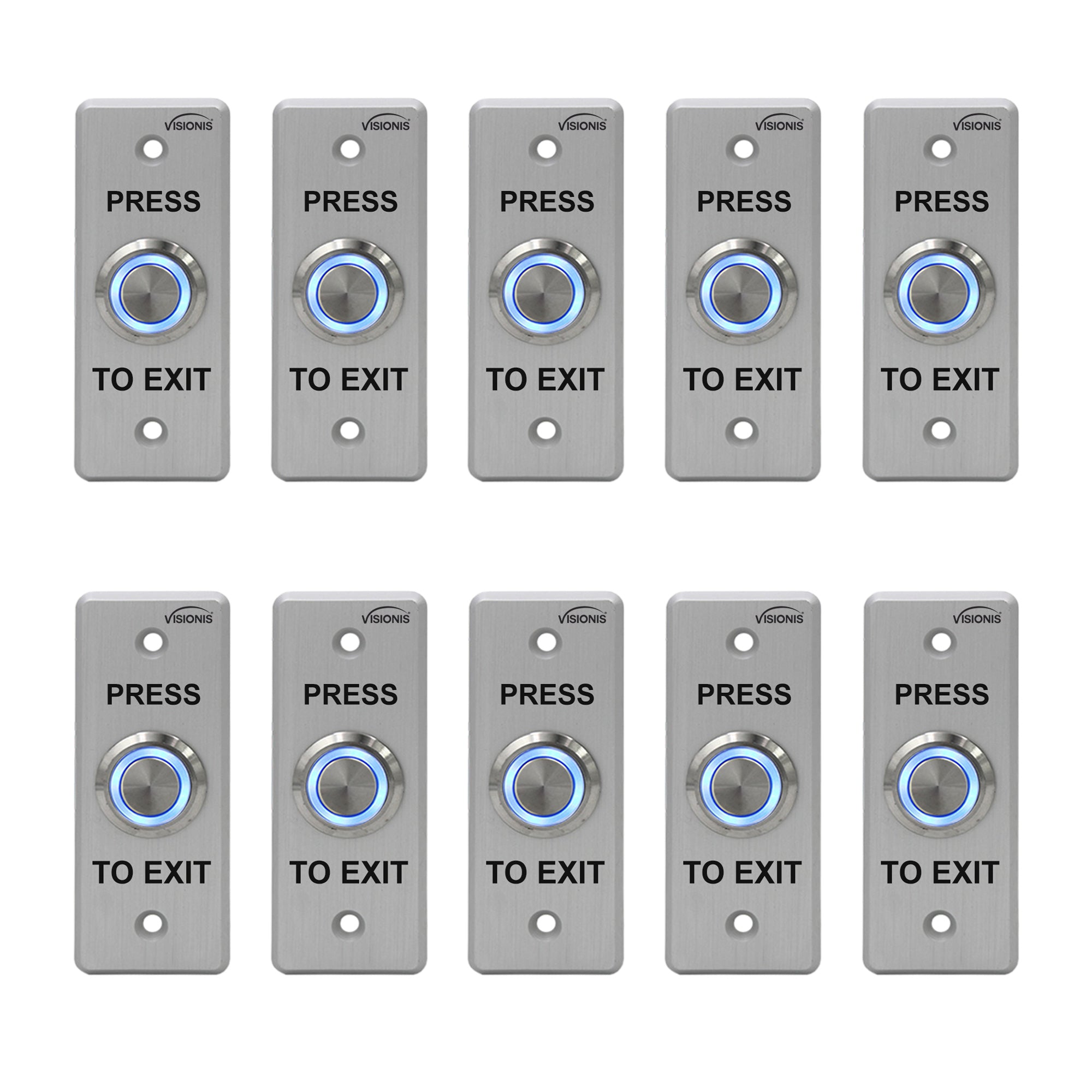 Pack of 10 push to exit buttons. Weatherproof and stainess steel