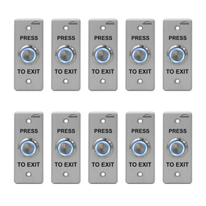 Pack of 10 push to exit buttons. Weatherproof and stainess steel