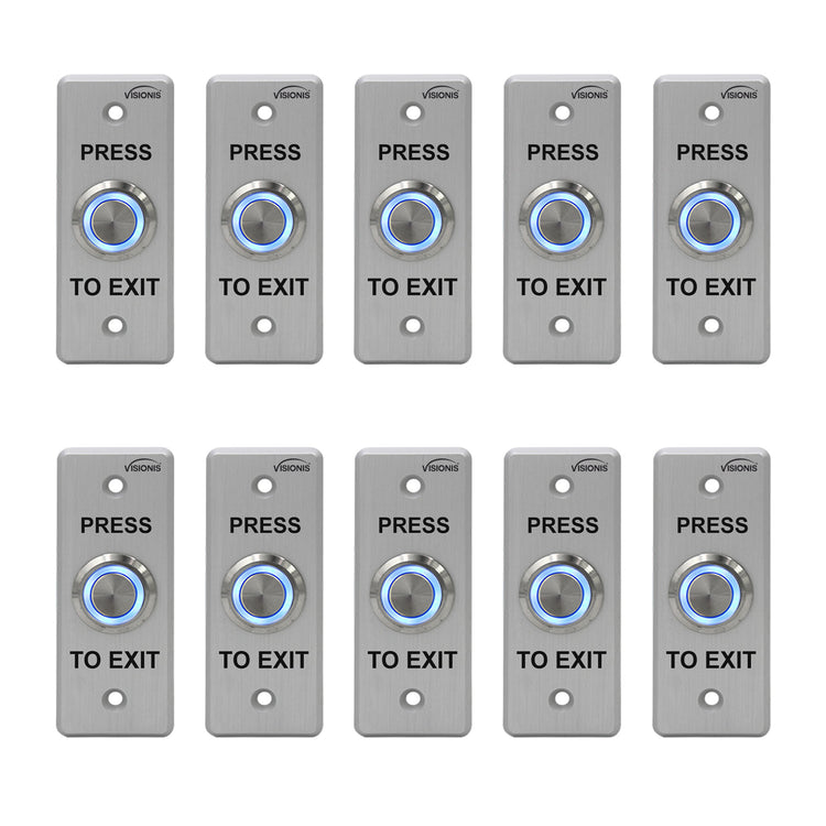 Pack of 10 push to exit buttons. Weatherproof and stainess steel