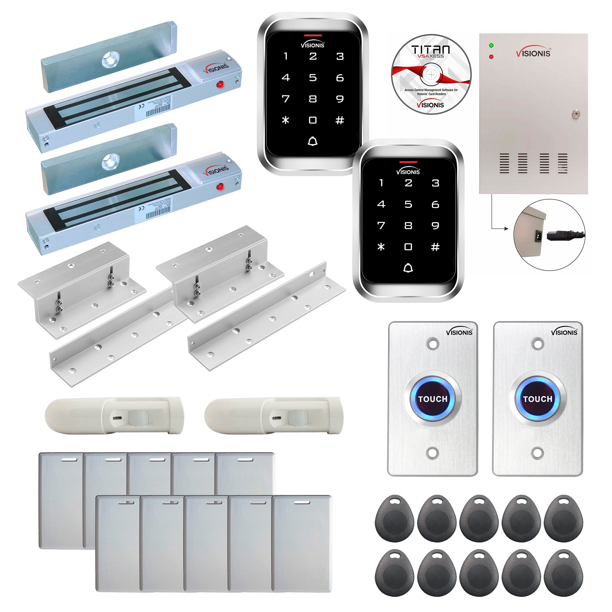 Office access control system with 300 lbs Magnetic Door Locks, Software, push to exit button and controller - FPC-7926