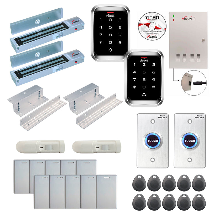 Office access control system with 600 lbs Magnetic Door Locks, Software, push to exit button and controller - FPC-7927