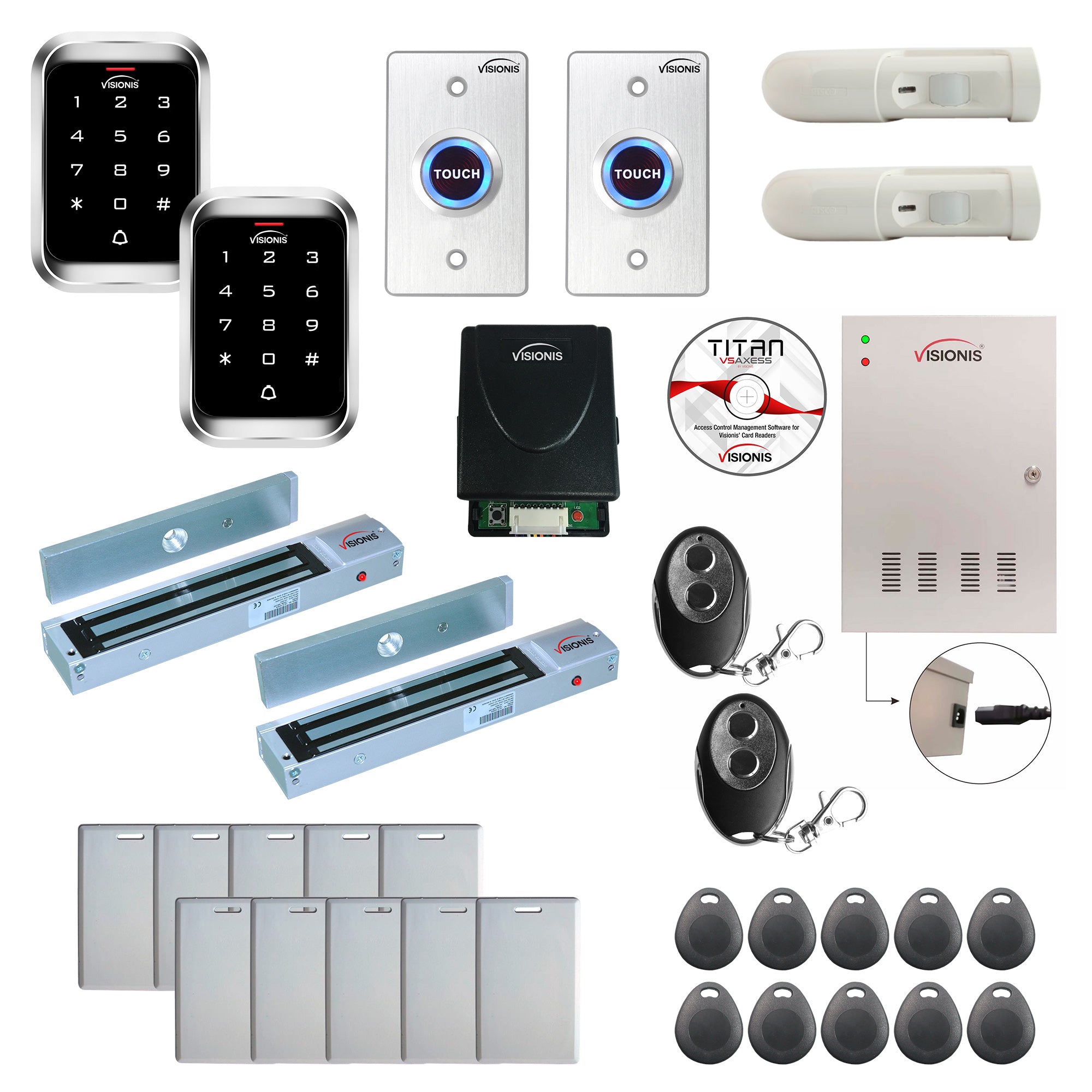 Office access control system with 600 lbs Magnetic Door Locks, Software, push to exit button and controller - FPC-7930