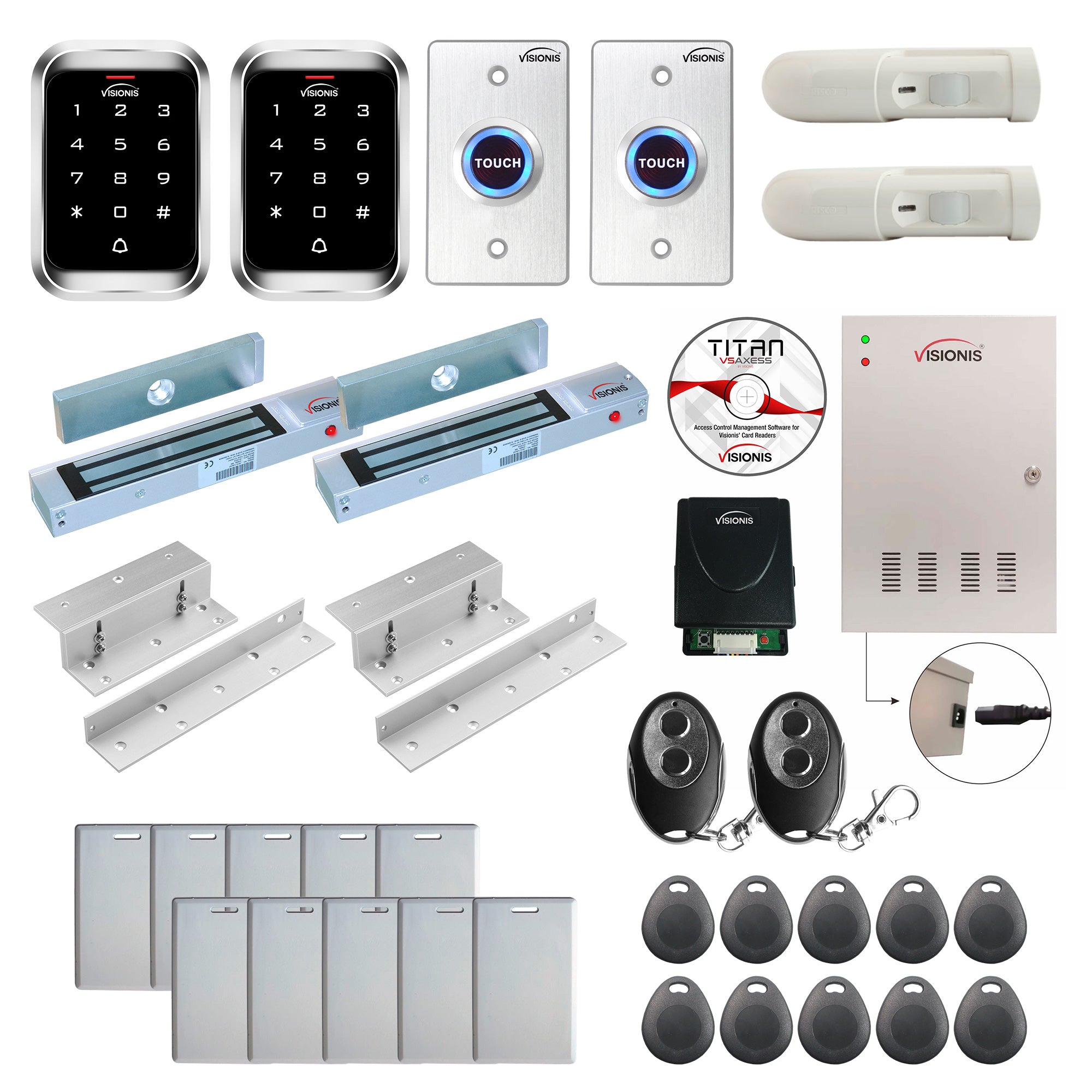 Office access control system with 300 lbs Magnetic Door Locks, Software, push to exit button and controller - FPC-7932