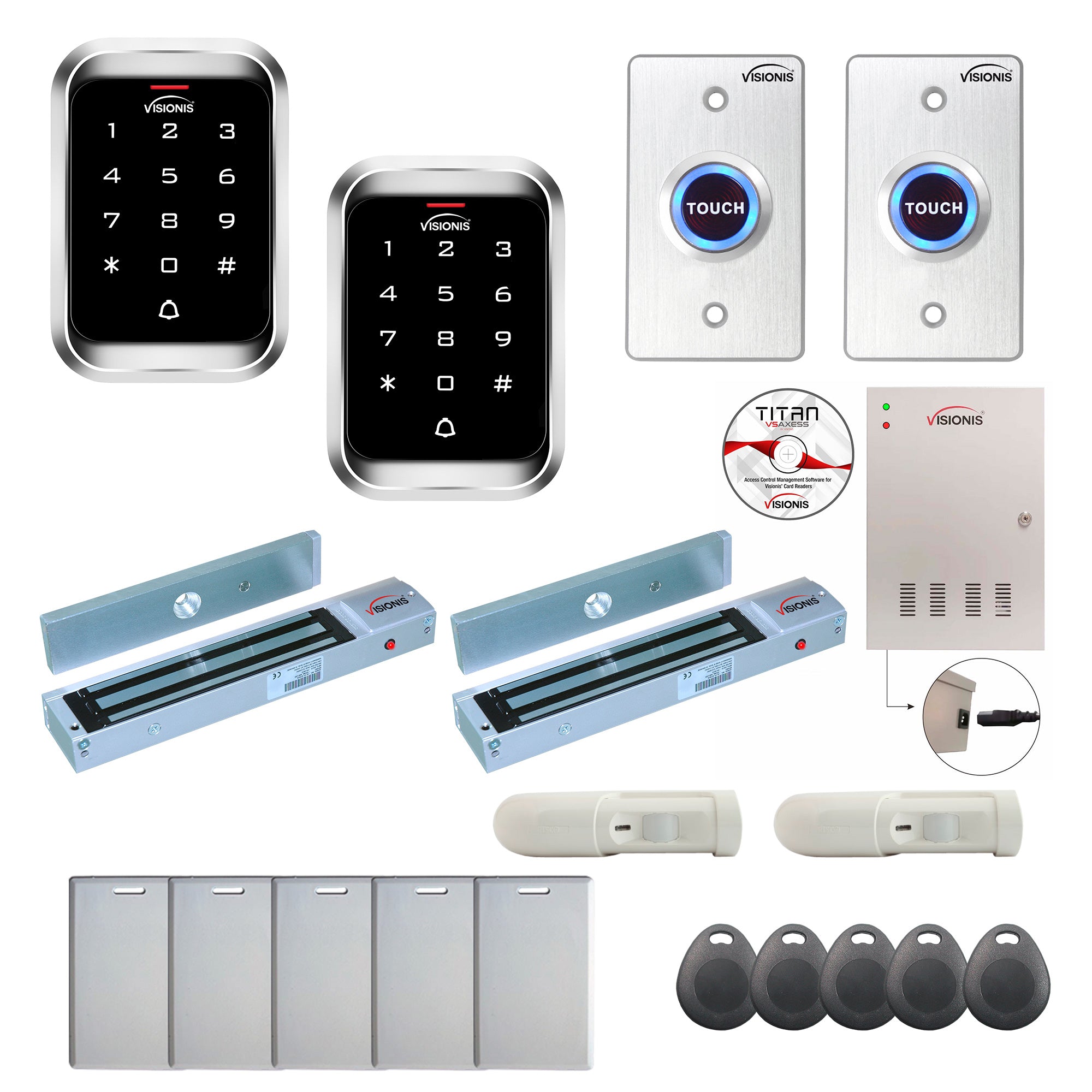 Badge access control system with 600 lbs Maglocks, Software, push to exit button and controller - FPC-7964