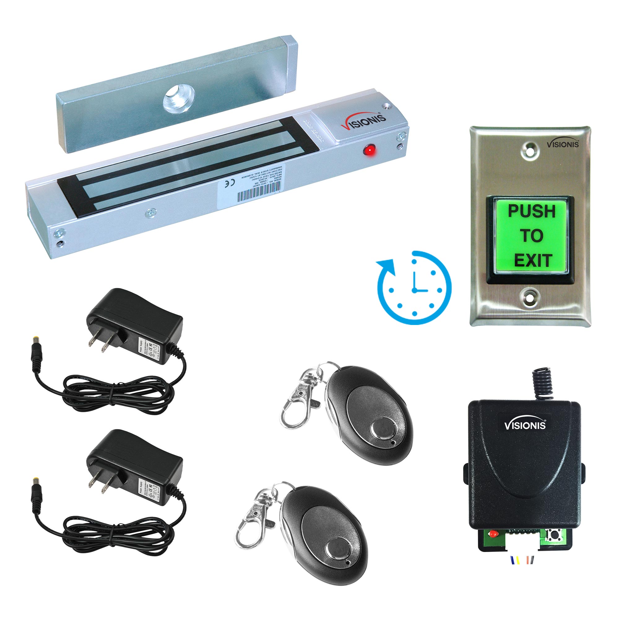 300 lbs magnetic door lock with button release, button with timer, wireless receiver, control remotes - FPC-8510