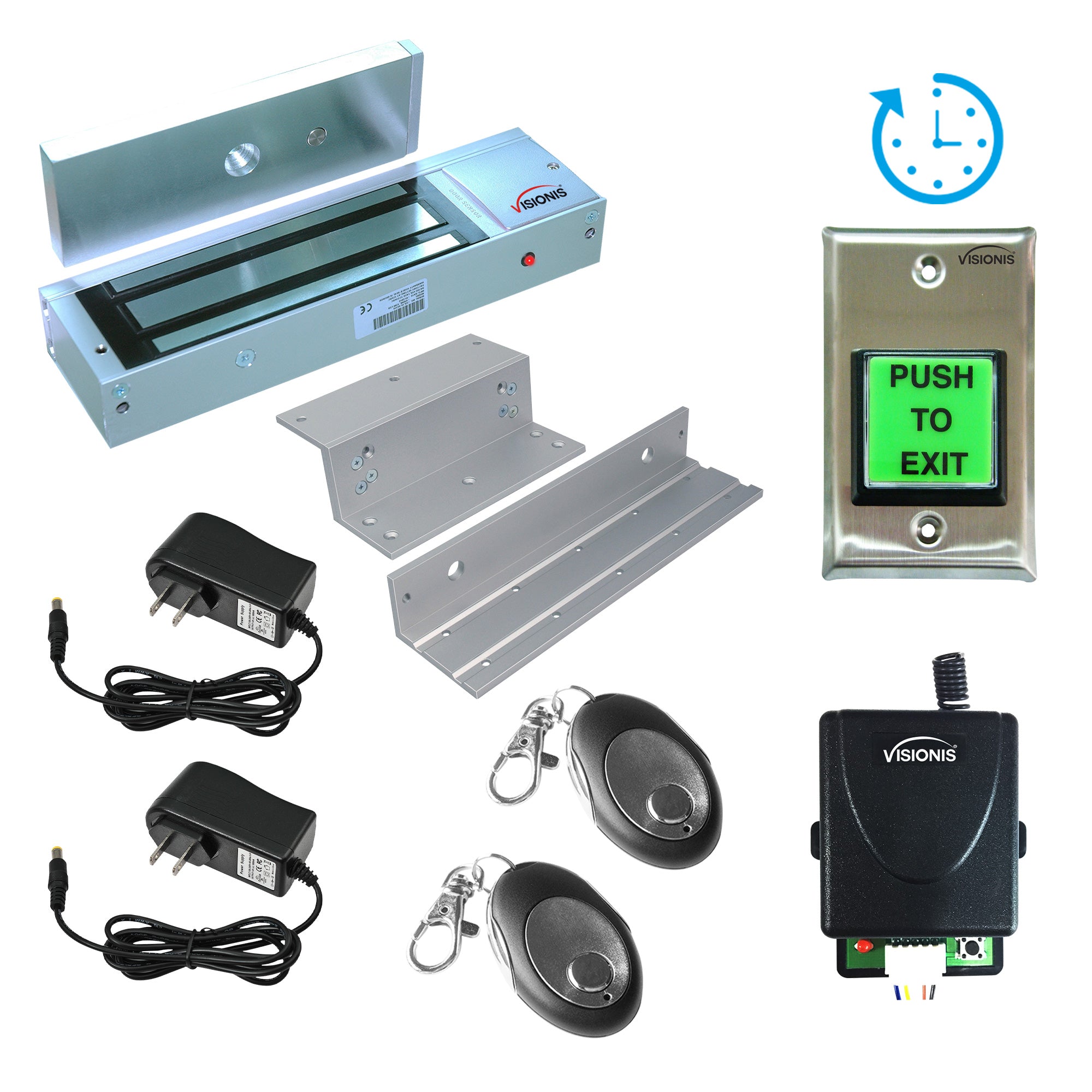 magnetic door lock with button release, button with timer, wireless receiver, control remotes - FPC-8515