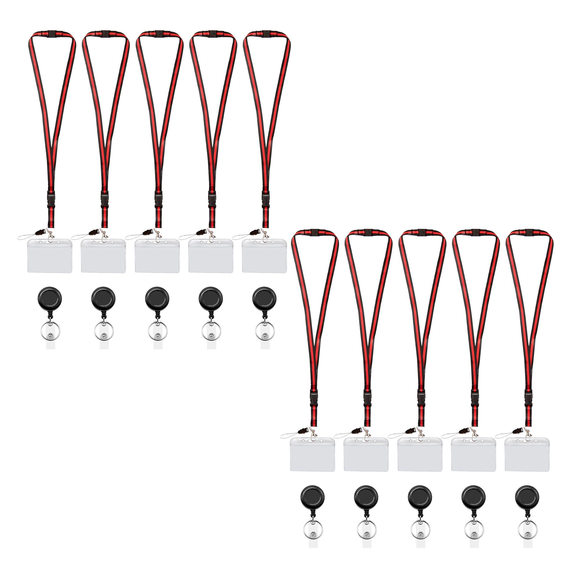 A pack of 10 red and black retractable lanyards with detachable breakaway clips and clear badge holder - FPC-9412