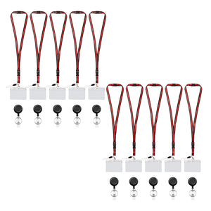 A pack of 10 red and black retractable lanyards with detachable breakaway clips and clear badge holder - FPC-9412