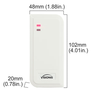 Dimensions Proximity card reader, Visionis VIS-3101, IP66-rated white access control reader for outdoor use