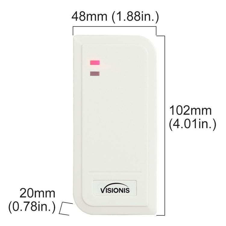 Dimensions Proximity card reader, Visionis VIS-3101, IP66-rated white access control reader for outdoor use