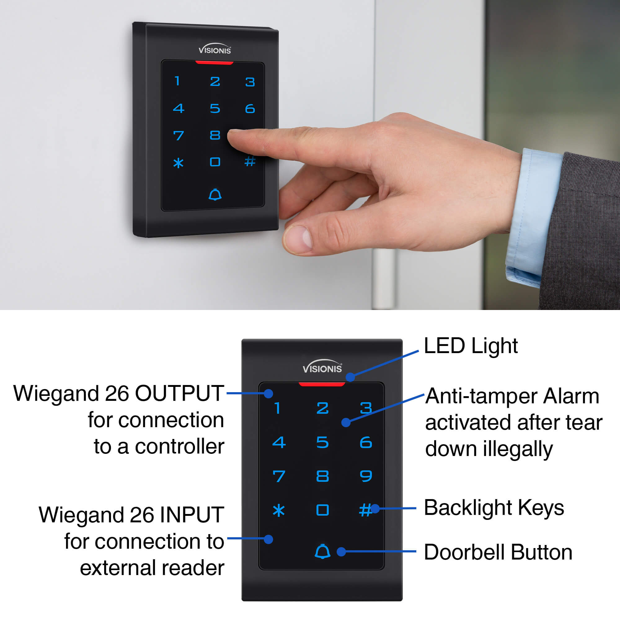 Indoor access control keypad, Visionis VIS-3002, digital touch, standalone, 1000-user capacity