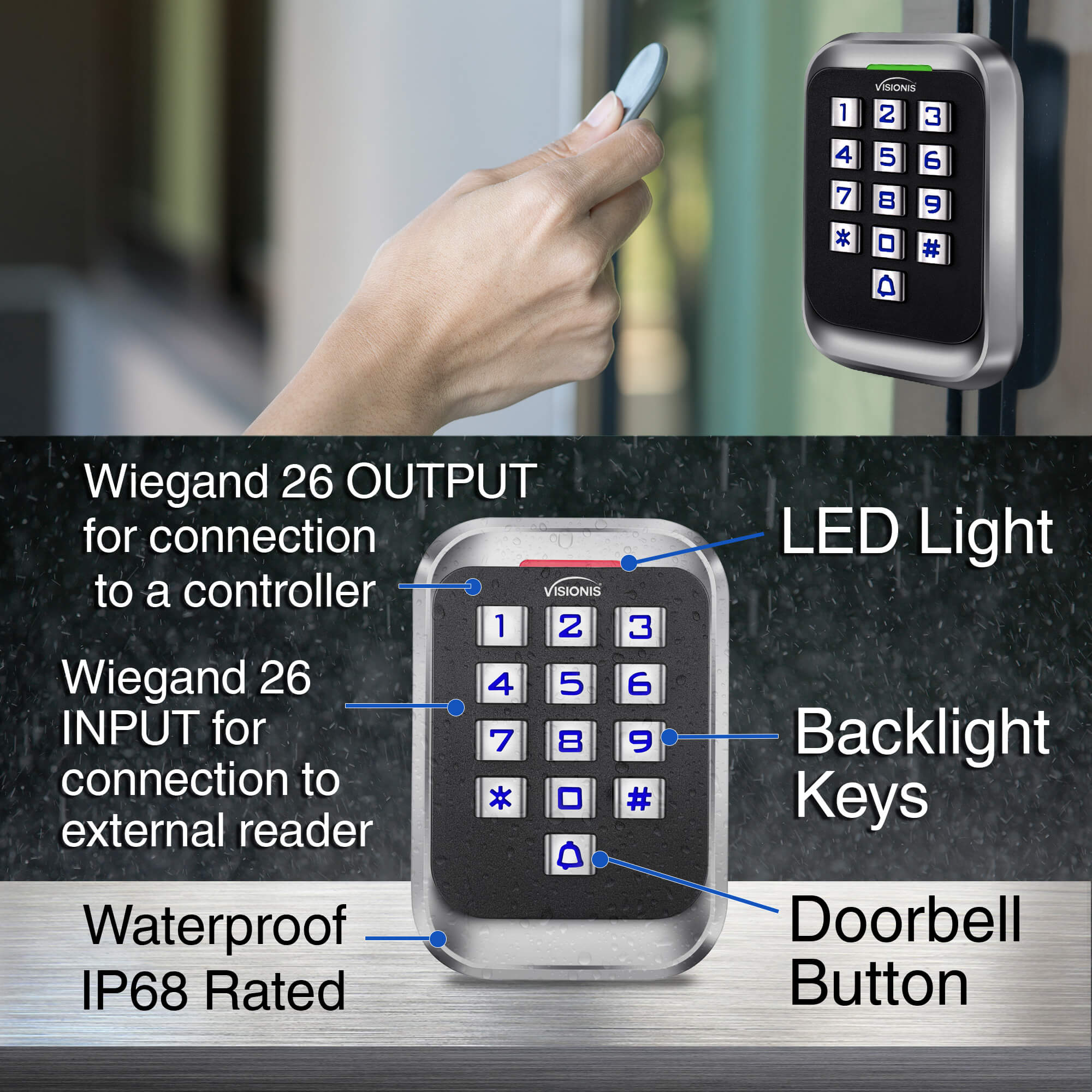 Outdoor Access Control Keypad, Visionis VIS-3004, standalone anti-vandal metal design, wide layout, EM cards compatible