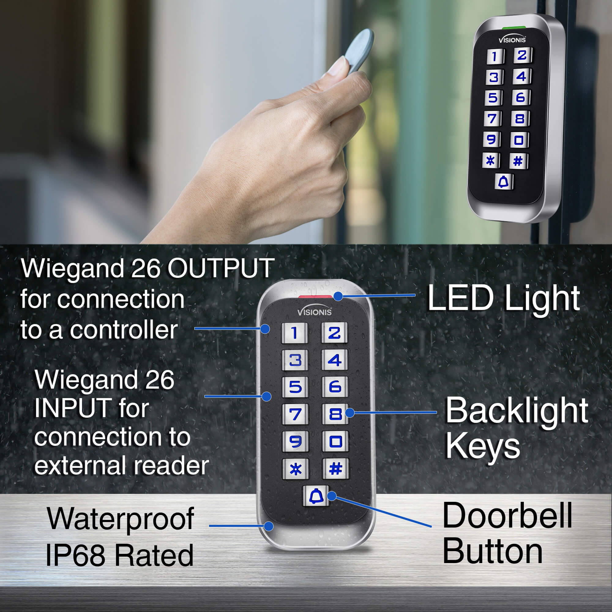 Outdoor Access Control Keypad, Visionis VIS-3005, standalone anti-vandal, slim metal design, EM cards compatible