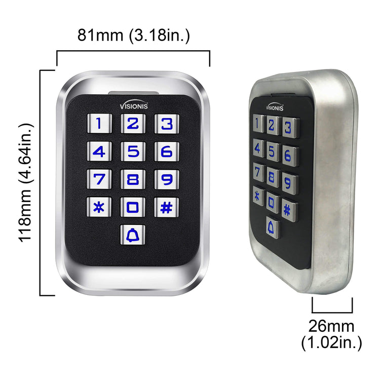 Dimensions Waterproof keypad for access control, Visionis VIS-3004, standalone, anti-vandal, Wiegand 26, EM card support
