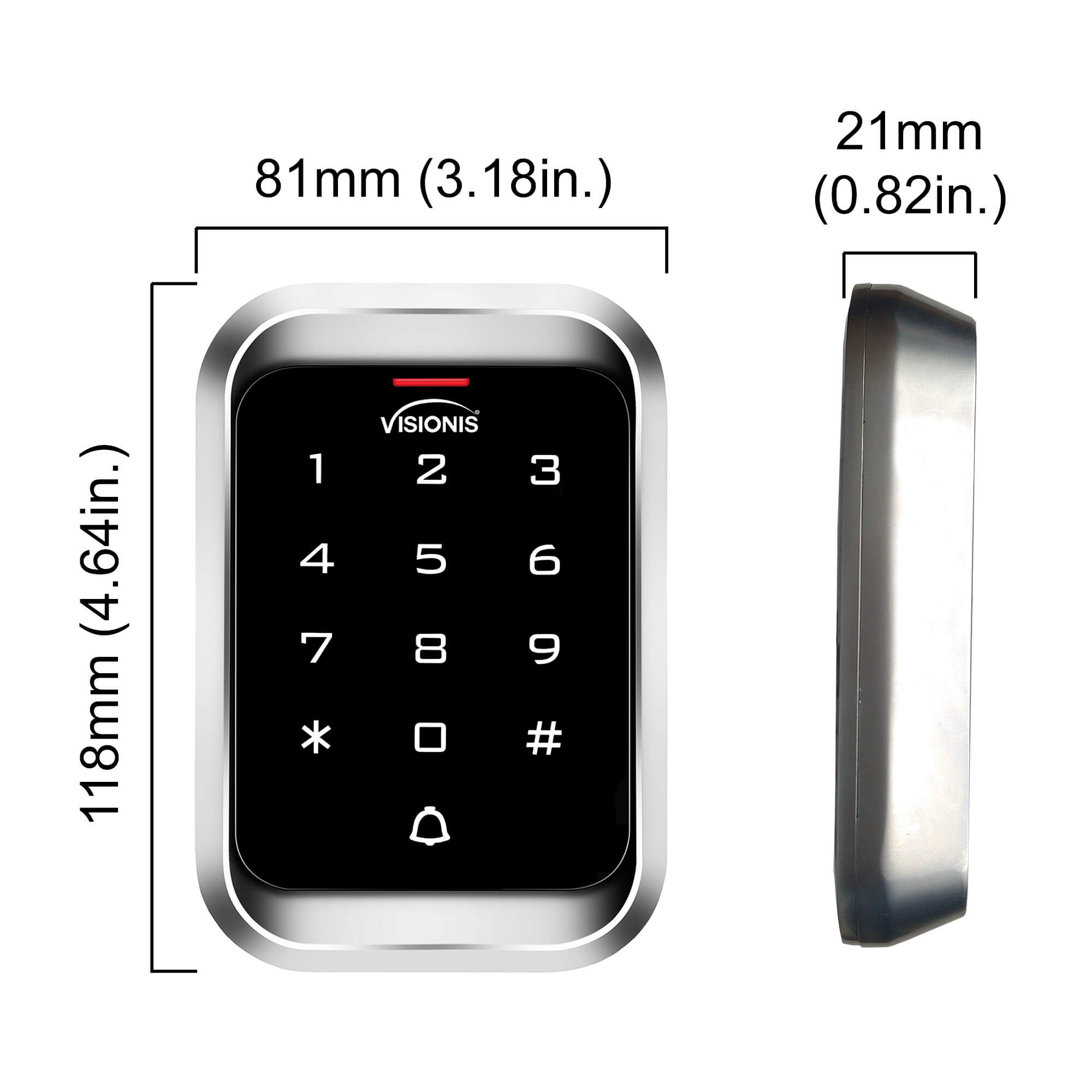 Dimensions Outdoor access control keypad, Visionis VIS-3000, IP68 anti-vandal metal, standalone use