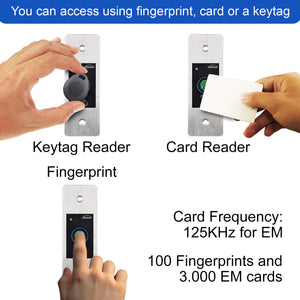 Indoor Outdoor Biometric Fingerprint Reader, Visionis VIS-3027, weatherproof metal housing, supports 100 fingerprints and 3000 EM cards