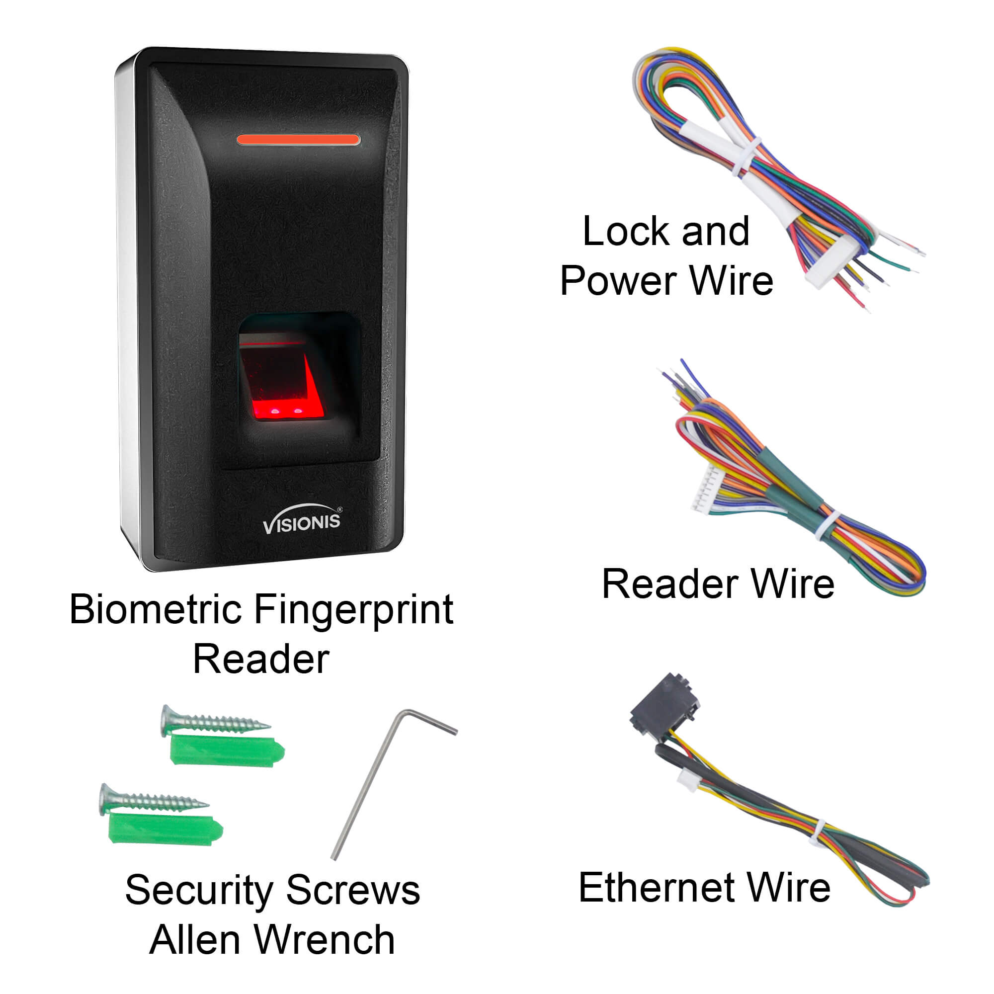 Package includes: Biometric fingerprint reader, wires, screws