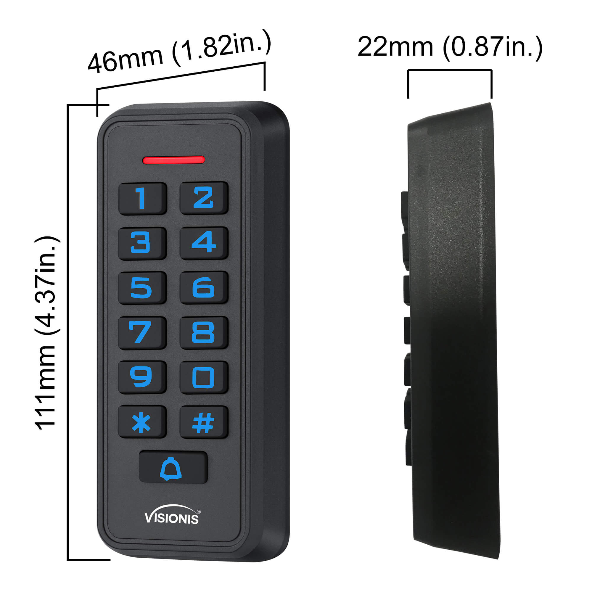 Dimensions Weatherproof keypad, Visionis VIS-3008, standalone card reader, 1000 users, delay and on/off toggle mode