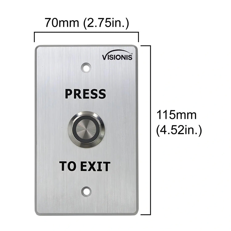 Dimensions VIS-7001 outdoor push to exit button with stainless steel and LED indicator