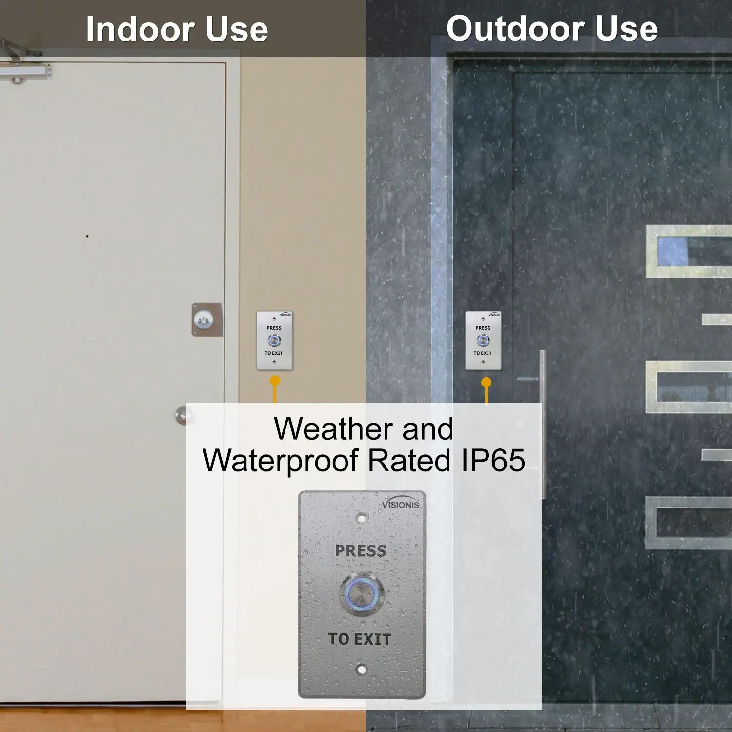 Visionis VIS-7001 weatherproof request to exit button with stainless steel and LED indicator