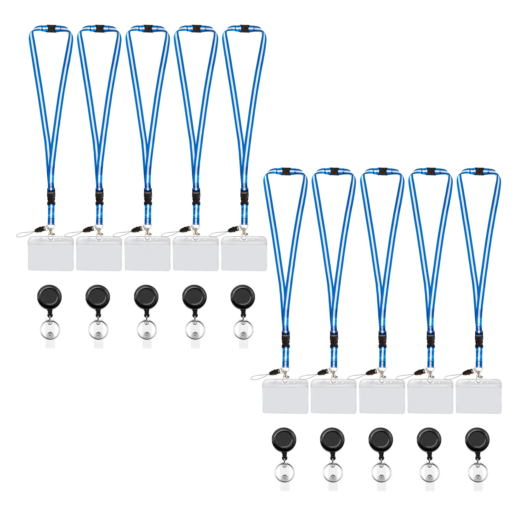 A pack of 10 blue and white retractable lanyards with detachable breakaway clips and clear badge holder - FPC-9409