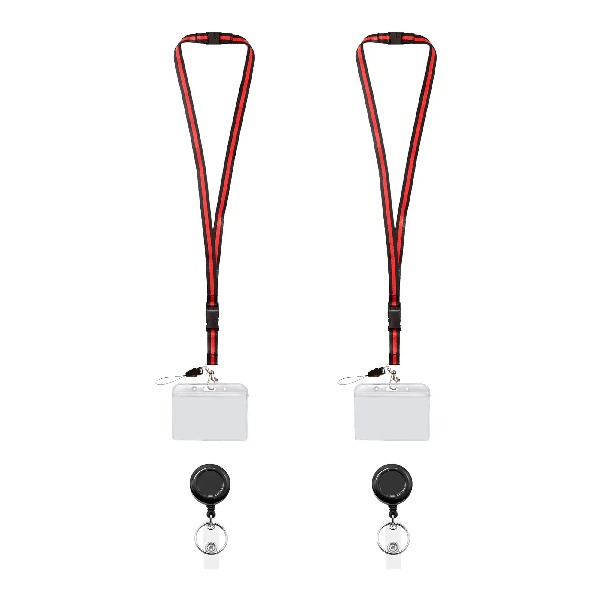 Pack of two red and black retractable lanyards with detachable breakaway clips and clear badge holder - FPC-9410