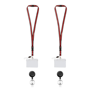 Pack of two red and black retractable lanyards with detachable breakaway clips and clear badge holder - FPC-9410