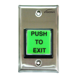 Visionis VIS-7000 push to exit button with stainless-steel faceplate and illuminated square design