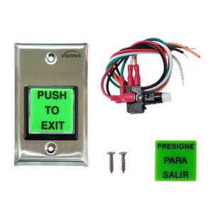 Visionis VIS-7000 push to exit button with stainless-steel faceplate and illuminated square design