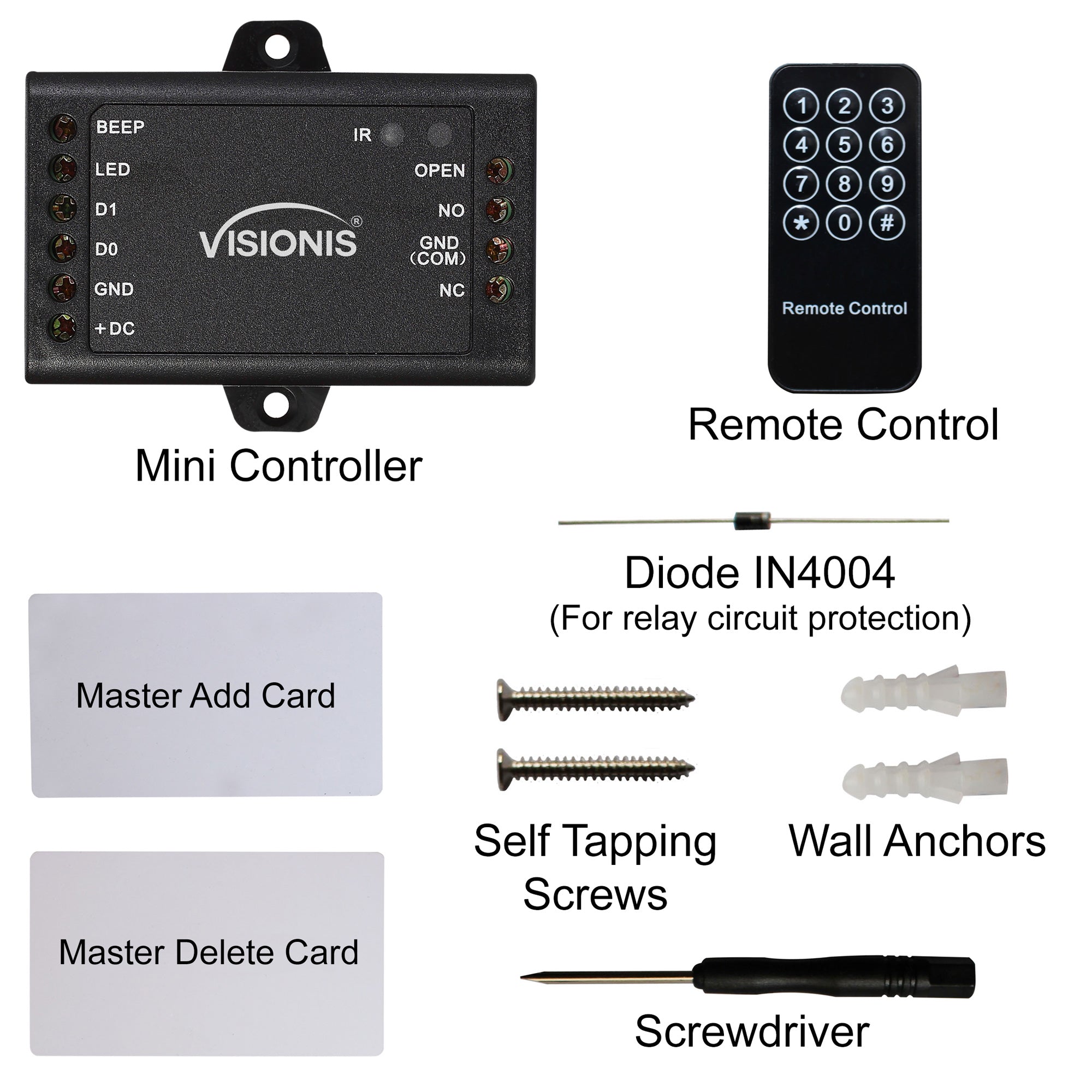1 Door controller for standalone keypads. Items included in the box - VIS-MINI-CNTRL