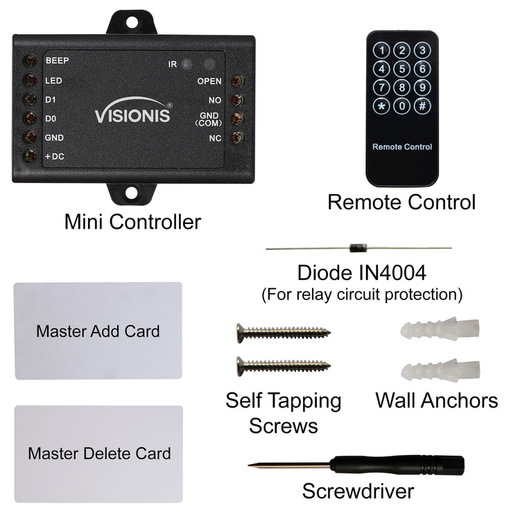 1 Door controller for standalone keypads. Items included in the box - VIS-MINI-CNTRL
